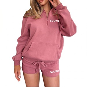 Ensemble 2 pièces décontracté pour femme : haut à col rond et demi-zip à manches longues, et short – Respirant, écologique, 100 % coton molletonné, imperméable - Product Image 2