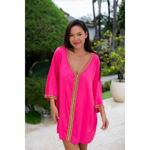 Vestido Kaftán Bordado Rosa Intenso, Cuello en V, Sin Mangas, Corte Holgado, Largo hasta el Suelo, 100% Algodón, Estampado Floral, Lavable, Natural - Product Image 1