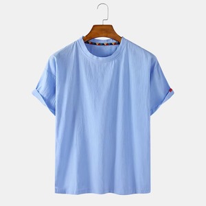 Camiseta de Manga Corta para Hombre, Cuello Redondo, Color Azul Claro, Corte Regular, Color Sólido, Tejido de Algodón, Informal, Transpirable, Largo Regular - Product Image 1