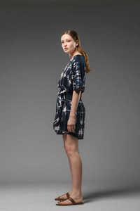 Ladies <b>Black</b> Tie Dye <b>Wrap</b> Dress Short Sleeve V Neck Mini Dress Casual Boho Style Lightweight Dress - Product Image 4