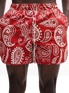 Traje de baño rojo con estampado paisley para hombre, cintura media, con cordón ajustable, de secado rápido, pantalones cortos de poliéster tejido, hecho en Pakistán. - Product Image 6