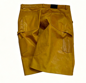 Yellow <b>Leather</b> Bermuda <b>Shorts</b> With Pockets Mid Waist Regular Fit Casual Style Women's <b>Shorts</b> - Product Image 4