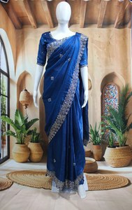 Elegant Blue Embroidered Frendi Silk <b>Saree</b> with Gold Work Blouse Quick Dry All Seasons Indian Party Wear <b>for</b> <b>Women</b> - Product Image 4