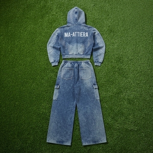 Conjunto de chándal de dos piezas para mujer: sudadera corta con cremallera y pantalones de chándal de pierna ancha con efecto denim lavado - Product Image 6