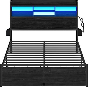 Lit plateforme en métal de qualité supérieure, taille Queen, avec lumières LED et tête de lit avec rangement, mobilier de chambre à coucher noir contemporain, Factory Direc - Product Image 1