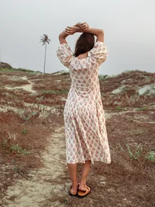 Newest Hand Block Printed 100% Cotton Wrap <b>Dress</b> for Women <b>Summer</b> <b>Boho</b> Floral Ladies <b>Dress</b> Sustainable Handmade V- Neck <b>Dress</b> - Product Image 4