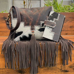 2025 nouvelle mode point à la main en cuir de vachette frange sacs à bandoulière et véritable cuir de vachette portefeuille à deux volets ensemble 2 pièces pour femmes - Product Image 4