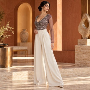 Mauve Embroidered Mesh <b>Sleeve</b> Bodysuit with Deep V Neckline | Floral Beaded Evening <b>Top</b> with <b>Sheer</b> <b>Long</b> <b>Sleeves</b> and Open V Back - Product Image 4