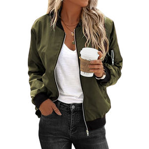 Women's Winter Bomber Jacket with Stand Collar Knitted Breathable Canvas Full Front <b>Zipper</b> and Comfortable Fit - Product Image 2