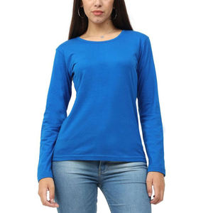 Camiseta de Manga Larga para Mujer, Cuello Redondo, Color Azul Rey, Tejido de Punto, Corte Regular, Informal, para Todas las Temporadas, 100% Algodón, Transpirable, Color Sólido - Product Image 1