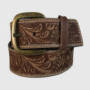 Ceintures en cuir pleine fleur marron de style western, inspirées du vintage, avec motifs floraux en relief et boucle à ardillon en laiton antique. - Product Image 4