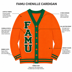 Cardigan universitaire FAMU à col en V, orange et vert, broderie en chenille, couleurs contrastées, décontracté, toutes saisons, pull HBCU - Product Image 5