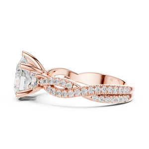 Bague de fiançailles en or rose avec diamants de laboratoire taille trilène et ronds, pavé torsadé, trois pierres, pour femme - Product Image 5