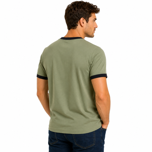 T-shirt Ringer Vert Olive pour Homme, Manches Courtes, Col Rond, Coupe Classique, Couleur Unie, 100% Coton Jersey Tricoté Épais - Product Image 3
