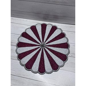 Scalloped Stripe Beaded Placemat Handmade <b>Round</b> Glass Bead Table <b>Mat</b> Burgundy White Dining Charger Plate Elegant Tabletop Decor - Product Image 1