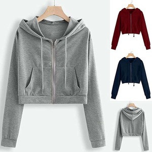 Women's Black <b>Cropped</b> Hoodie <b>Zip</b>-<b>Up</b> Sweatshirt Full Sleeve Solid Color Knitted Cotton Autumn Wear Casual Style - Product Image 5