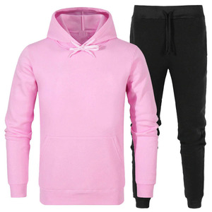 Ensemble de survêtement unisexe à capuche de couleur unie, sweat-shirt rose, pantalon noir, décontracté, manches longues, vêtements d'automne - Product Image 1
