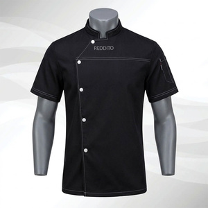 Black <b>Mandarin</b> <b>Collar</b> Double Breasted Chef <b>Jacket</b> Men Workwear Style Regular Fit Polyester Solid Color Long Sleeve - Product Image 1