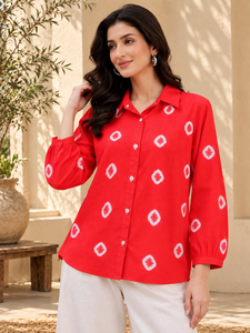 Women's <b>Red</b> Geometric Print Long Sleeve Button Down Shirt Casual Loose Fit Poplin <b>Blouse</b> Full Sleeve Shirt Collar Design - Product Image 4