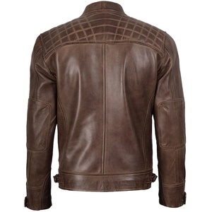 Veste en cuir véritable marron pour homme, col rabattu, fermeture éclair, deux poches, style décontracté automne - Product Image 2