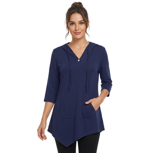 <b>Women's</b> <b>Navy</b> Hooded Tunic Long Sleeve V-Neck Asymmetric Hem Front Pocket Anti-Wrinkle Cotton Blend Knitted Fabric Casual <b>Top</b> - Product Image 1