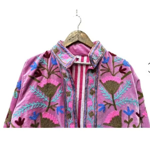 Chaqueta MONIT MARKETING Hecha a Mano, Unisex, de Terciopelo Rosa con Bordado Floral, Transpirable, Estilo Boho Chic, con Cierre de Cremallera y Cuello Mao, Talla 25 - Product Image 3