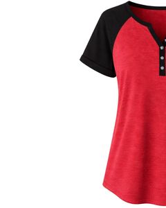 Red Black Women T Shirt Short Sleeve Henley Neck Raglan Tee Soft Cotton Casual Summer <b>Top</b> Breathable Comfortable Daily Wear - Product Image 4