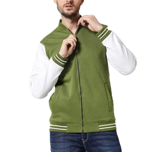 <b>Men's</b> Green Varsity <b>Jacket</b> With <b>White</b> Sleeves Zipper Closure Casual Cotton Polyester Blend Stand Collar Pockets Autumn Wear - Product Image 4