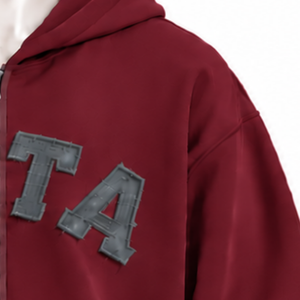 <b>Burgundy</b> <b>Mens</b> Full Zip <b>Hoodie</b> Chenille Letter Patch Heavyweight Fleece Oversized Casual Streetwear Sweatshirt with Kangaroo - Product Image 5