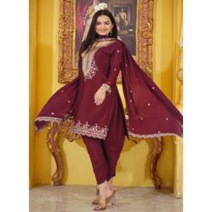 Conjuntos de diseñador para mujer Traje de Chinon Dhoti bordado con trabajo bordado de secuencia - Product Image 3