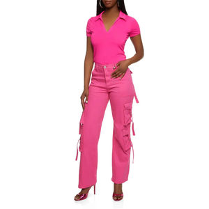 Pantalon cargo noir pour femme, léger, coupe large et ample, style devant plat, haute qualité - Product Image 2