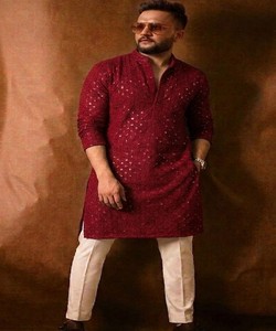 Salwar Kurta Bordado Color Granate para Hombre, Corte Regular, Rayón, Ropa Tradicional Étnica para Fiestas, India, Pakistán, Traje de Boda - Product Image 1