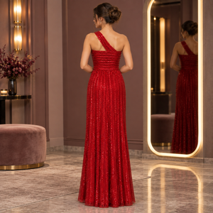 Vestido de Noche Rojo Rubí con Lentejuelas y un Solo Hombro Descubierto |   Vestido Asimétrico Largo hasta el Suelo con Corte en A y Cintura Ajustada para Eventos y Fiestas - Product Image 4