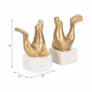 <b>Gold</b> Plated Seal Bookends Sculptural Metal Decorative Home Office <b>Desk</b> Accessory Contemporary Style 2Pcs - Product Image 3