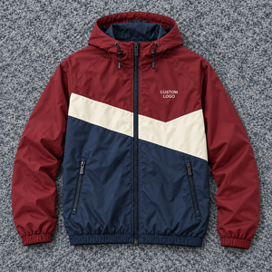 Chaqueta Cortavientos Personalizada con Paneles Diagonales en Borgoña, Crema y Azul Marino, con Capucha, Cierre Completo y Logotipo Bordado, Fabricante Mayorista - Product Image 3
