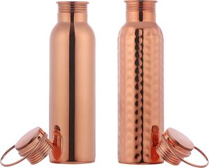 Food Grade Pure Copper Water Bottle Set 600 Ml <b>Plain</b> and Textured Hammered Finish for Ayurveda Health Benefits - Product Image 1