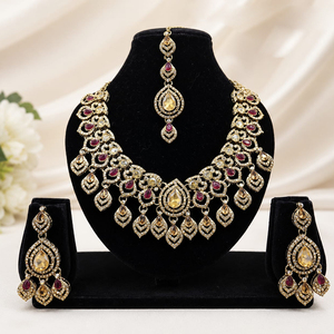 Austrian <b>Gold</b> Plated Crystal Stone Necklace <b>Set</b> with Earrings Maang Tikka | Indian Ethnic Bridal Wedding Anniversary <b>Jewelry</b> <b>Set</b> - Product Image 4
