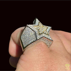 Star <b>Cocktail</b> <b>Ring</b> With Crystal Rhinestones Pave Setting Two Tone White And Yellow <b>Gold</b> Hiphop Style Unisex Jewelry - Product Image 5