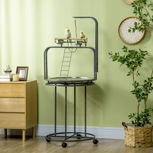 Grande Supporto per Uccelli in Legno Grigio con 3 Scale, Gancio per Giocattoli e Posatoio per Pappagalli, Accessori per Uccelli - Product Image 1