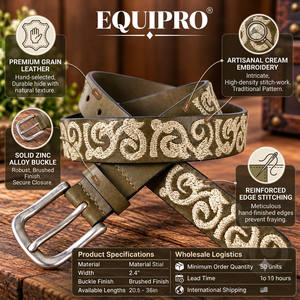 Cinturón de Cuero Genuino Bordado Verde Oliva Equipro, Estampado Animal, Estilo Étnico Casual Vintage, Hebilla de Aleación, Ancho de 3.5cm - Product Image 4