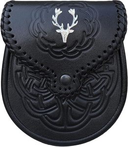 THISTLE ROSE ENTERPRISES Model TRE Scottish Black Leather Embossed Thistle <b>Braid</b> Sporran with Chain Belt | Musical <b>Accessory</b> - Product Image 1