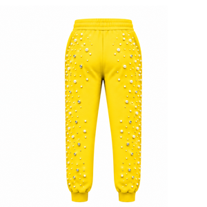 Custom Yellow Pearl Beaded <b>Jogger</b> Pants <b>Women</b> Fashion Embellished Drawstring Sweatpants Luxury Casual Streetwear <b>Fleece</b> Trousers - Product Image 2