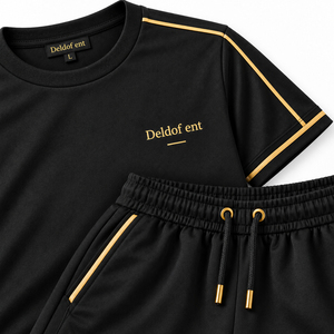 Ensemble T-shirt et short pour homme en polyester/spandex noir avec bordure dorée, imprimé par transfert thermique, tricoté, haut de gamme, décontracté, sportswear d'été - Product Image 6