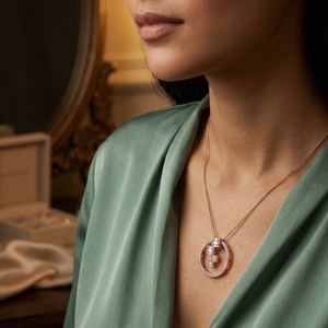 Collar con Colgante de Diamantes Minimalista en Oro Rosa de 10K, Diseño Geométrico Circular, Diamantes Cultivados en Laboratorio con Corte Baguette, Motivo Escalonado - Regalo para Fiestas - Product Image 4