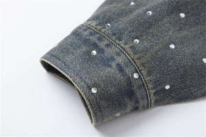 Fully <b>Rhinestone</b> Winter Outerwear Washed Denim <b>Jackets</b> for Men's Streetwear Vintage Turn Down Collar Full Sleeves Denim <b>Jacket</b> - Product Image 2