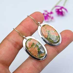 Magnifiques boucles d'oreilles pendantes en argent sterling 925 faites à la main avec pierre précieuse Unakite, bijoux naturels, cadeau - Product Image 5