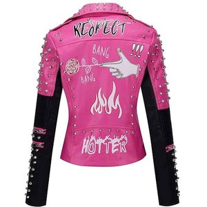 Womens Studded Leather <b>Jacket</b> Black Biker <b>Punk</b> Motorcycle <b>Jacket</b> Genuine PU Leather OEM Custom Wholesale Factory - Product Image 2