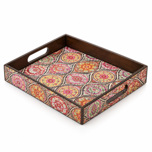 Vibrante Bandeja de Servir de Madera con Mandala |   Bandeja Cuadrada Decorativa de Esmalte con Asas Recortadas y Bordes Elevados, Multifuncional para Bodas y Cenas - Product Image 1