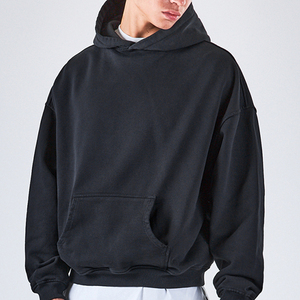 Men's Oversized Hooded Sweatshirt Solid <b>Black</b> Cotton French Terry Minimalist Style Autumn Wear - Product Image 1