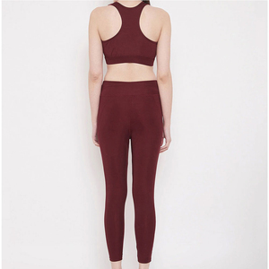 Ensemble de yoga bordeaux pour femme, legging taille mi-haute et crop top dos nageur, sans couture, respirant, deux pièces, sportswear, longueur intégrale, couleur unie sur le devant - Product Image 3